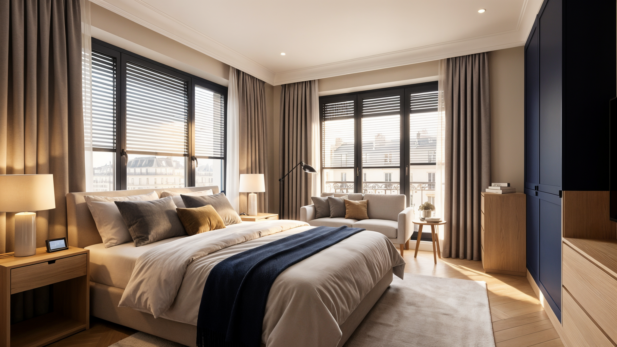 Illustration IA d'une chambre avec volets et éclairage connecté