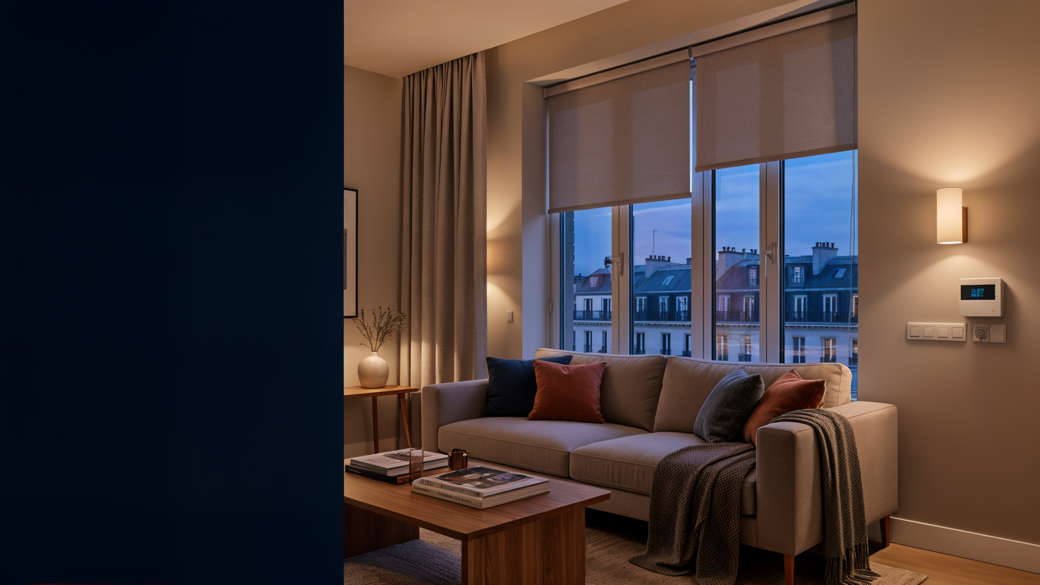 Illustration IA d'un salon connecté avec stores et éclairage d'ambiance